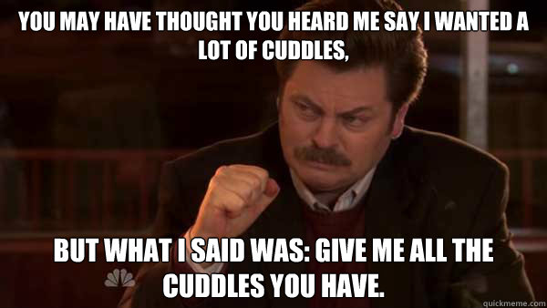 You may have thought you heard me say I wanted a lot of cuddles, but what I said was: Give me all the cuddles you have.  Ron Swanson Meal