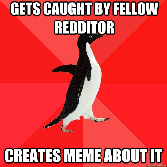 Gets caught by fellow redditor creates meme about it  Socially Awesome Penguin