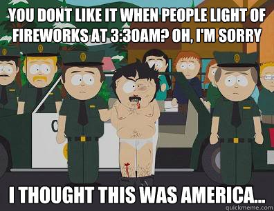 You dont like it when people light of fireworks at 3:30am? Oh, I'm sorry I thought this was America...  Randy-Marsh