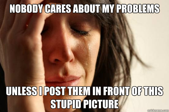 Nobody cares about my problems Unless I post them in front of this stupid picture  First World Problems