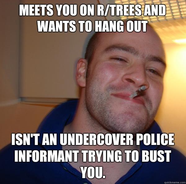 Meets you on r/trees and wants to hang out Isn't an undercover police informant trying to bust you.  - Meets you on r/trees and wants to hang out Isn't an undercover police informant trying to bust you.   Good Guy Greg 