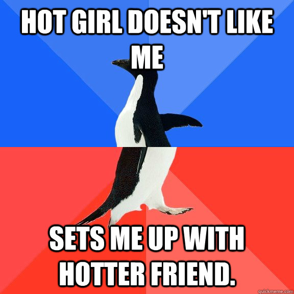 Hot Girl Doesn't like Me Sets me up with hotter friend.   Socially Awkward Awesome Penguin