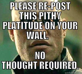 PLEASE RE-POST THIS PITHY PLATITUDE ON YOUR WALL.    NO THOUGHT REQUIRED. Matrix Morpheus