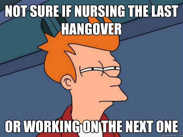 Not sure if nursing the last hangover Or working on the next one  Futurama Fry