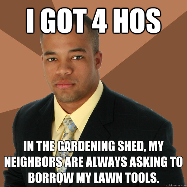 I got 4 hos in the gardening shed, my neighbors are always asking to borrow my lawn tools. - I got 4 hos in the gardening shed, my neighbors are always asking to borrow my lawn tools.  Successful Black Man