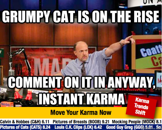 Grumpy cat is on the rise comment on it in anyway, instant karma  Mad Karma with Jim Cramer