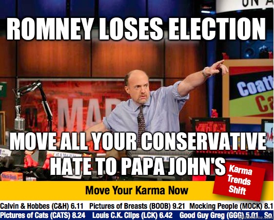 Romney loses election Move all your conservative hate to Papa john's  Mad Karma with Jim Cramer