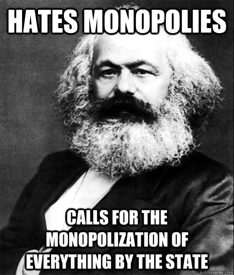 Hates Monopolies Calls for the monopolization of everything by the State  KARL MARX