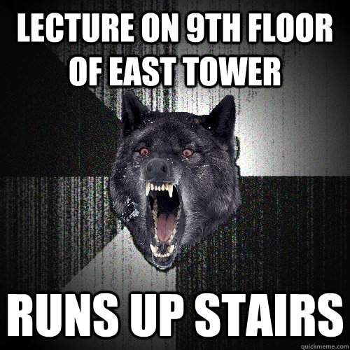 Lecture on 9th floor of east tower Runs up stairs  Insanity Wolf