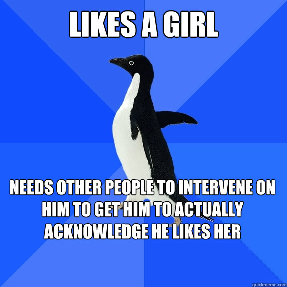 Likes a Girl Needs other people to intervene on him to get him to actually acknowledge he likes her   - Likes a Girl Needs other people to intervene on him to get him to actually acknowledge he likes her    Socially Awkward Penguin