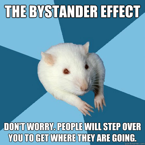 The Bystander Effect Don't worry. People will step over you to get where they are going.  Psychology Major Rat