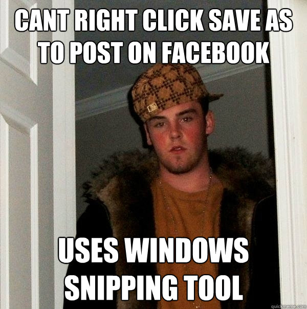 CANT RIGHT CLICK SAVE AS TO POST ON FACEBOOK USES WINDOWS SNIPPING TOOL  Scumbag Steve