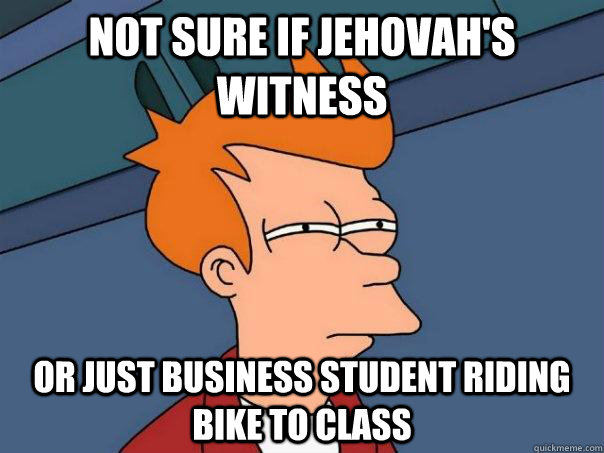 Not sure if Jehovah's Witness Or just business student riding bike to class  Futurama Fry