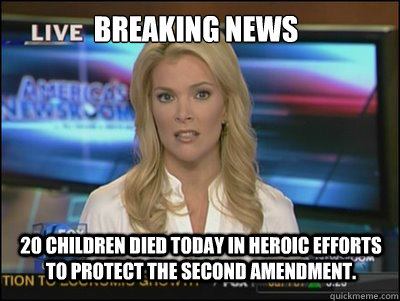 Breaking news 20 children died today in heroic efforts to protect the second amendment.  Megyn Kelly