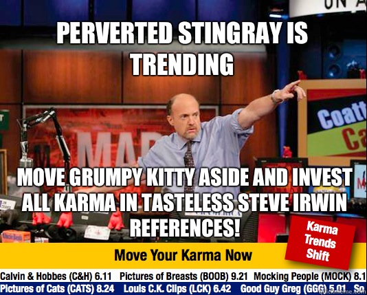 Perverted stingray is trending
 Move grumpy kitty aside and invest all karma in tasteless Steve Irwin references!  Mad Karma with Jim Cramer