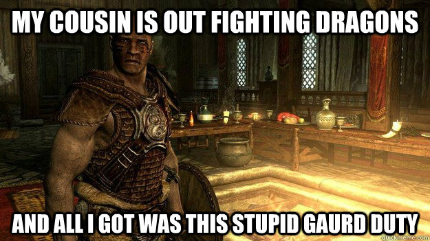 My cousin is out fighting dragons and all i got was this stupid gaurd duty  Left out Skyrim Guard