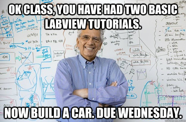 Ok class, you have had two basic LabView tutorials. Now build a car. Due Wednesday.  Engineering Professor