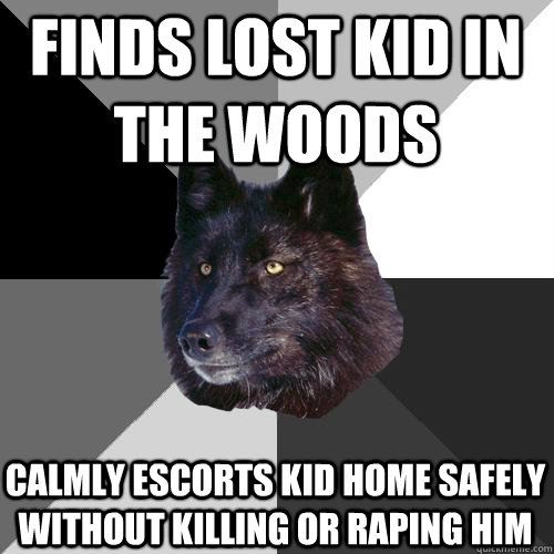 finds lost kid in the woods calmly escorts kid home safely without killing or raping him  Sanity Wolf