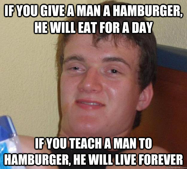 If you give a man a hamburger, he will eat for a day If you teach a man to hamburger, he will live forever - If you give a man a hamburger, he will eat for a day If you teach a man to hamburger, he will live forever  10 Guy