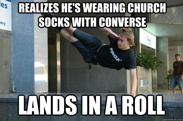 realizes he's wearing church socks with converse lands in a roll - realizes he's wearing church socks with converse lands in a roll  Hardcore Parkour