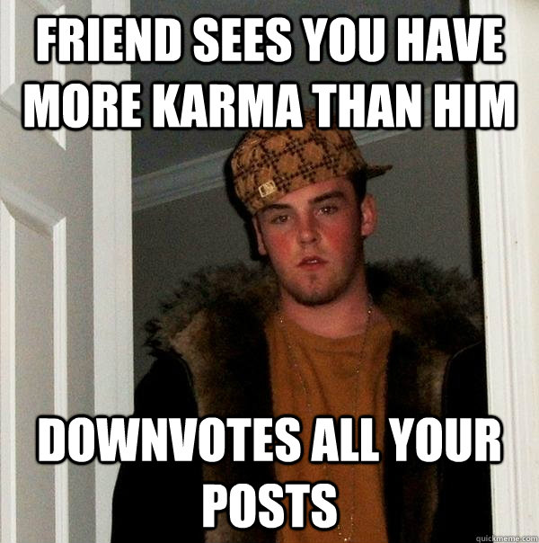 friend sees you have more karma than him downvotes all your posts  Scumbag Steve