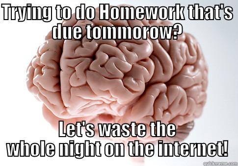 TRYING TO DO HOMEWORK THAT'S DUE TOMMOROW? LET'S WASTE THE WHOLE NIGHT ON THE INTERNET! Scumbag Brain