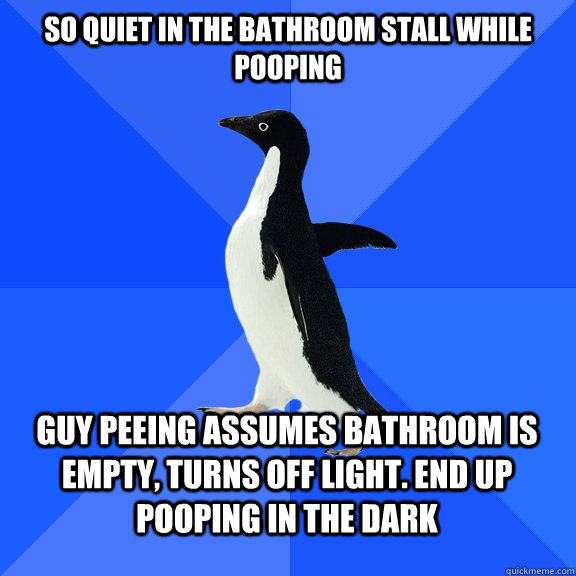 So quiet in the bathroom stall while pooping Guy peeing assumes bathroom is empty, turns off light. End up pooping in the dark  Socially Awkward Penguin