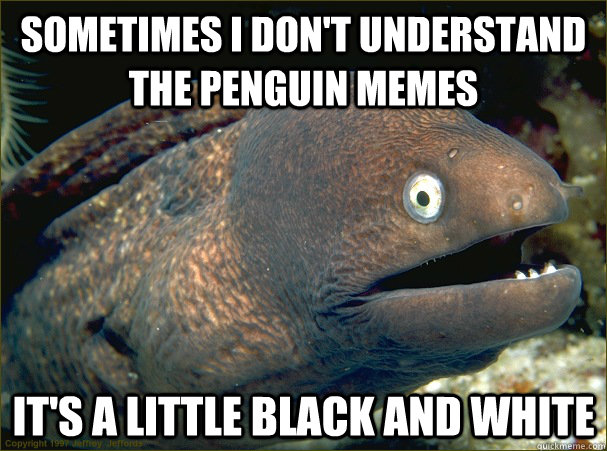 sometimes i don't understand the penguin memes it's a little black and white  Bad Joke Eel