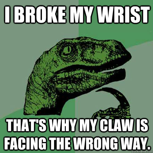 I broke my wrist That's why my claw is facing the wrong way. - I broke my wrist That's why my claw is facing the wrong way.  Philosoraptor