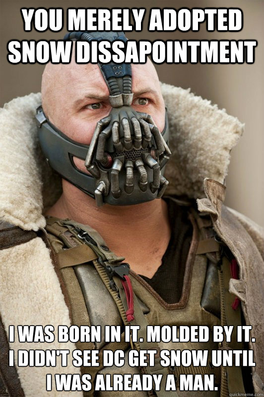 you merely adopted snow dissapointment I was born in it. molded by it. 
I didn't see DC get snow until I was already a man.  - you merely adopted snow dissapointment I was born in it. molded by it. 
I didn't see DC get snow until I was already a man.   Bane