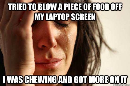 Tried to blow a piece of food off my laptop screen i was chewing and got more on it  First World Problems