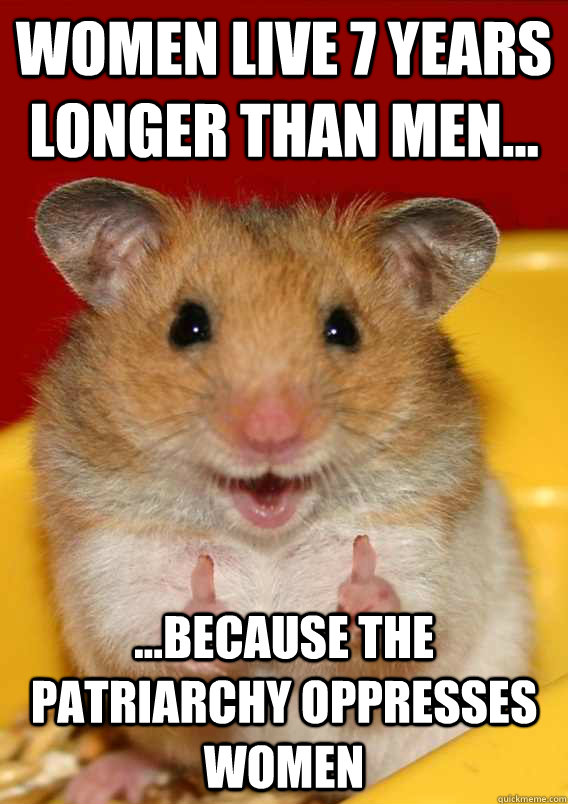 Women live 7 years longer than men... ...because the patriarchy oppresses women   Rationalization Hamster