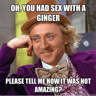 Oh, you had sex with a ginger Please tell me how it was not amazing?  Willy Wonka Meme