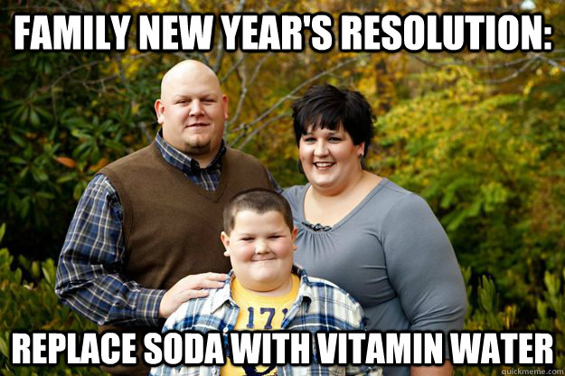 Family New year's resolution: Replace soda with vitamin water  Happy American Family