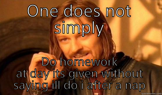 ONE DOES NOT SIMPLY DO HOMEWORK AT DAY ITS GIVEN WITHOUT SAYING ILL DO I AFTER A NAP Boromir