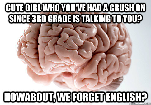 Cute girl who you've had a crush on since 3rd grade is talking to you? Howabout, we forget english?  Scumbag Brain