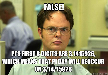 False! pi's first 8 digits are 3.1415926, which means that pi day will reoccur on 3/14/15926  Dwight