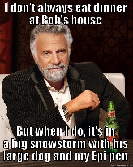 I DON'T ALWAYS EAT DINNER AT BOB'S HOUSE BUT WHEN I DO, IT'S IN A BIG SNOWSTORM WITH HIS LARGE DOG AND MY EPI PEN The Most Interesting Man In The World