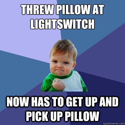 threw pillow at lightswitch now has to get up and pick up pillow  Success Kid