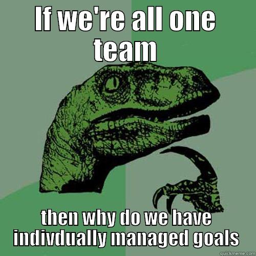 IF WE'RE ALL ONE TEAM THEN WHY DO WE HAVE INDIVIDUALLY MANAGED GOALS Philosoraptor