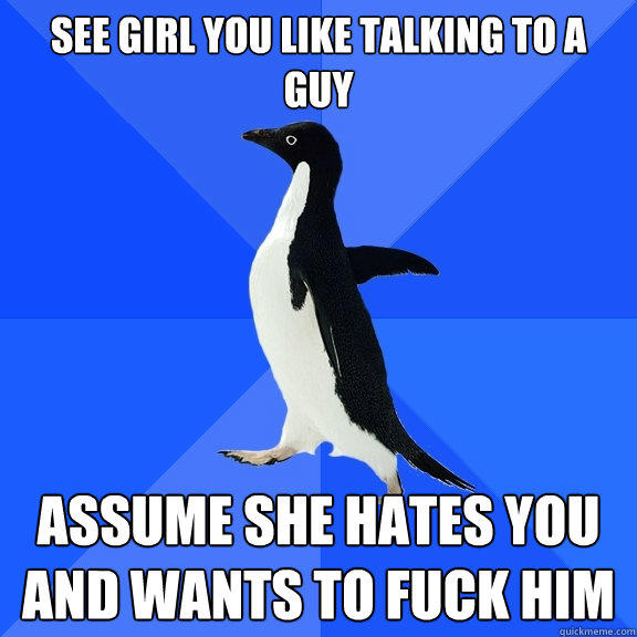 See girl you like talking to a guy Assume she hates you and wants to fuck him - See girl you like talking to a guy Assume she hates you and wants to fuck him  Socially Awkward Penguin