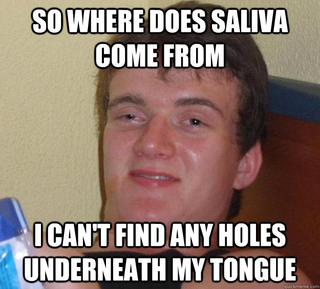 SO where does saliva come from I can't find any holes underneath my tongue  10 Guy