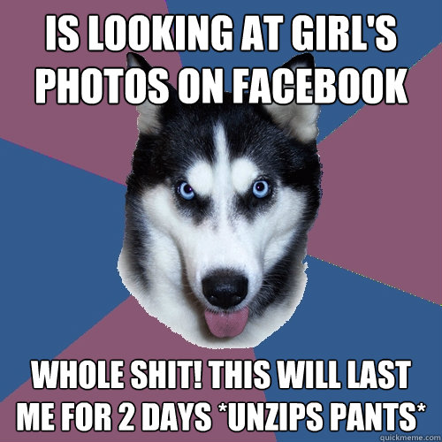 Is looking at girl's photos on facebook whole shit! this will last me for 2 days *unzips pants*  Creeper Canine