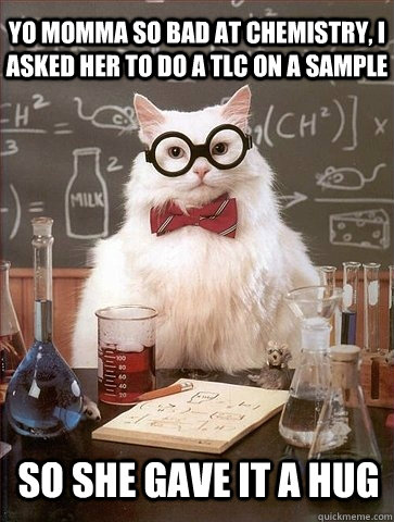 Yo momma so bad at chemistry, I asked her to do a TLC on a sample So she gave it a hug - Yo momma so bad at chemistry, I asked her to do a TLC on a sample So she gave it a hug  Chemistry Cat