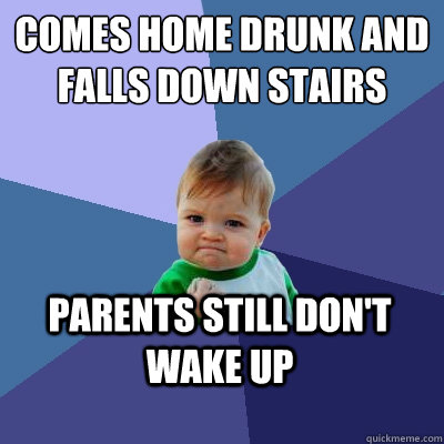 Comes home drunk and falls down stairs Parents still don't wake up  Success Kid