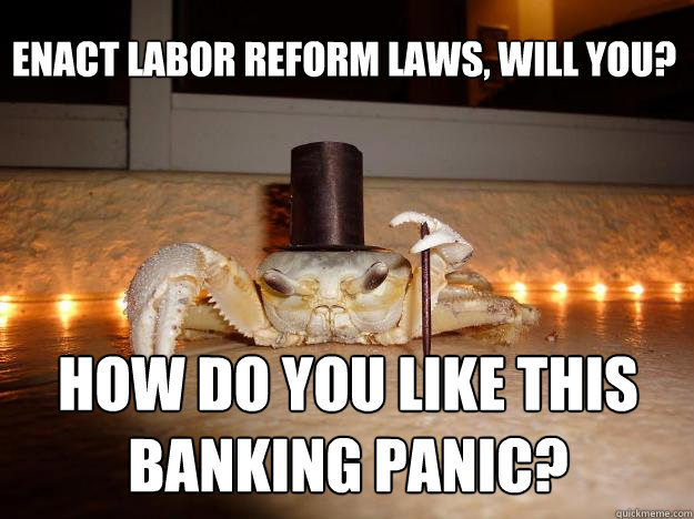 enact labor reform laws, will you? how do you like this banking panic?  Fancy Crab