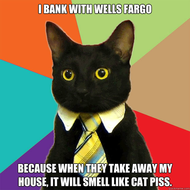 I bank with Wells Fargo because when they take away my house, it will smell like cat piss.  Business Cat