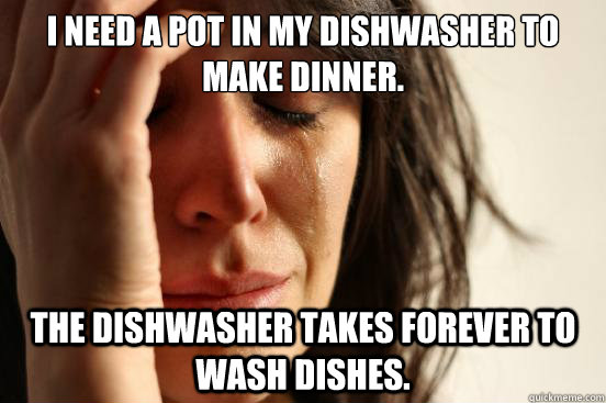 I need a pot in my dishwasher to make dinner.  The dishwasher takes FOREVER to wash dishes.  First World Problems