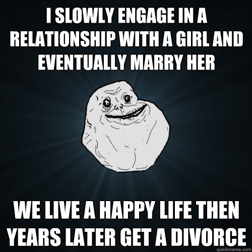 i slowly engage in a relationship with a girl and eventually marry her we live a happy life then years later get a divorce  Forever Alone