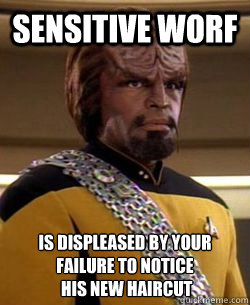 sensitive worf is displeased by your failure to notice
 his new haircut  Sensitive Worf